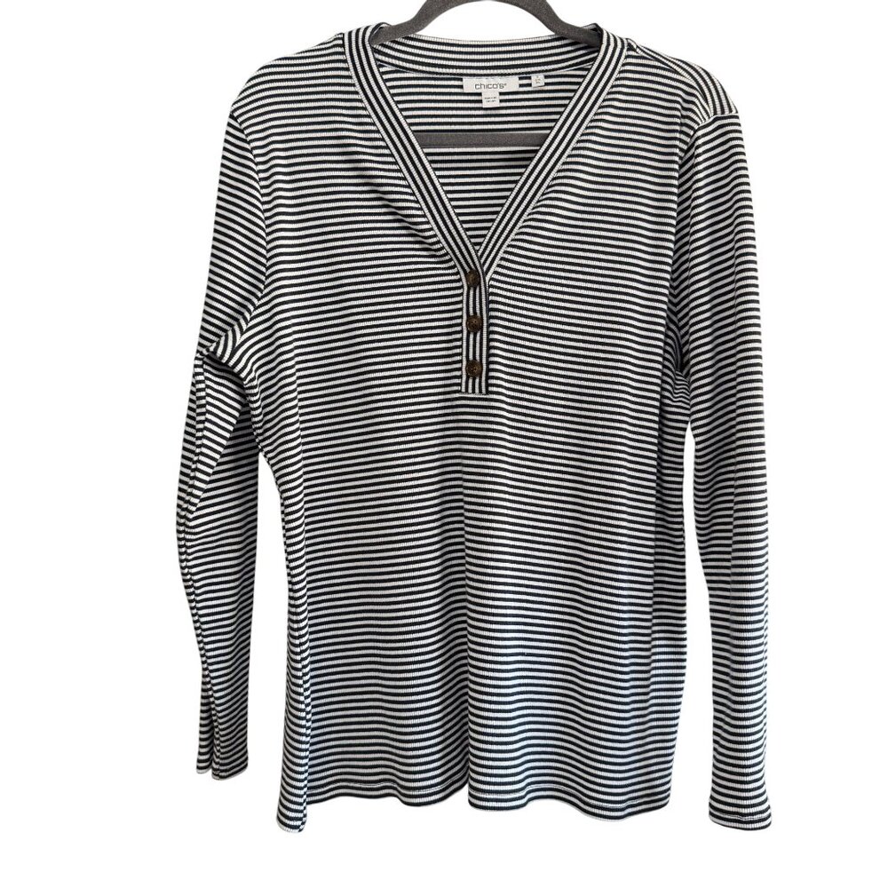Chico’s Size 3 (XL/16) Black Stripe 3 Button Accent  V Neck Thermal Shirt